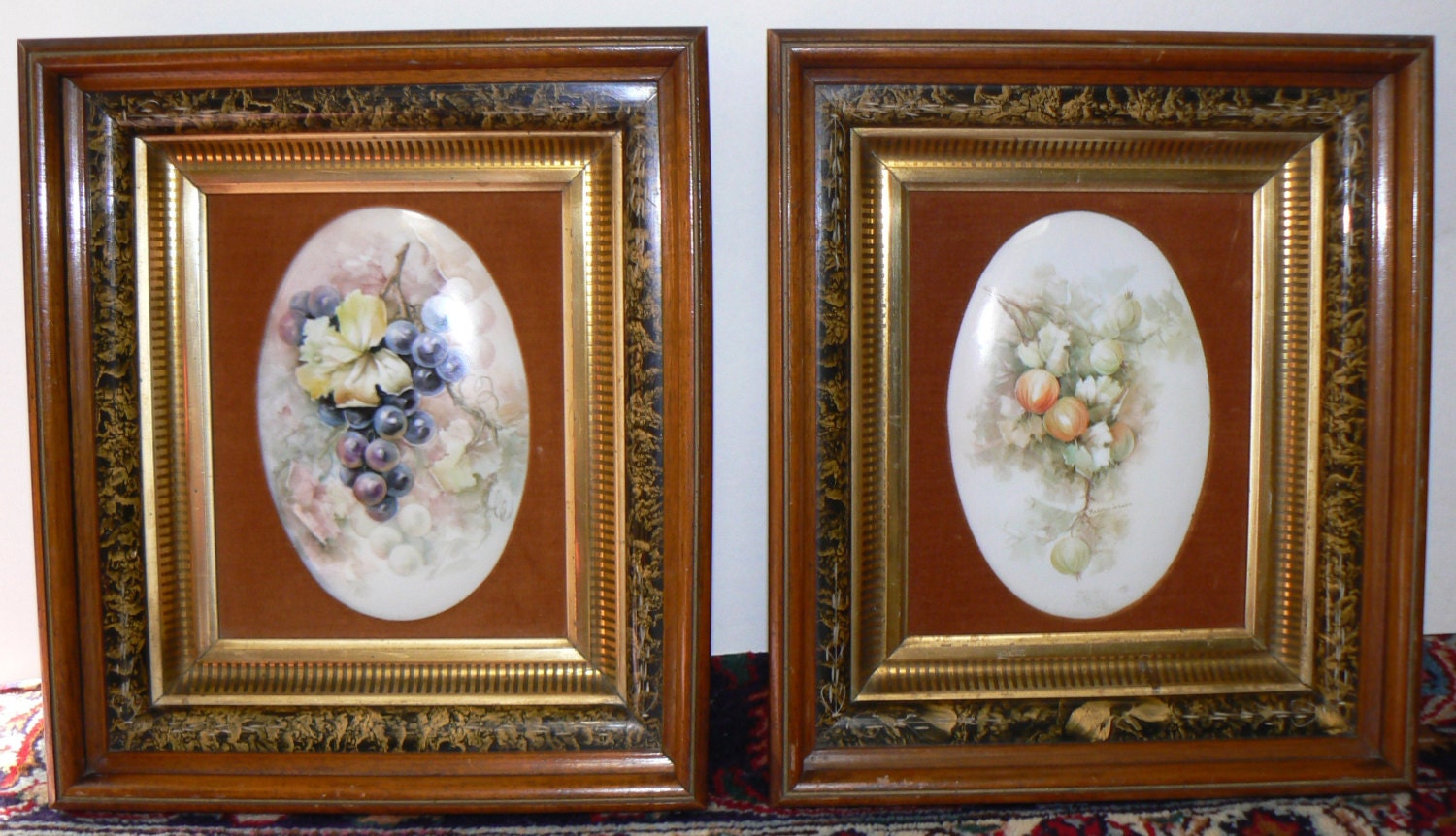 2 Antique Hand Painted Porcelain Signed Paintings of Grapes & Persimmons in Victorian Frames