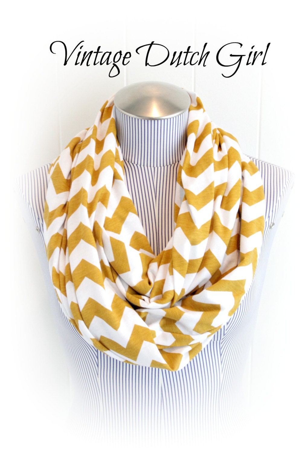 Mustard Chevron Infinity Scarf, Mustard and White Chevron Jersey Loop Scarf