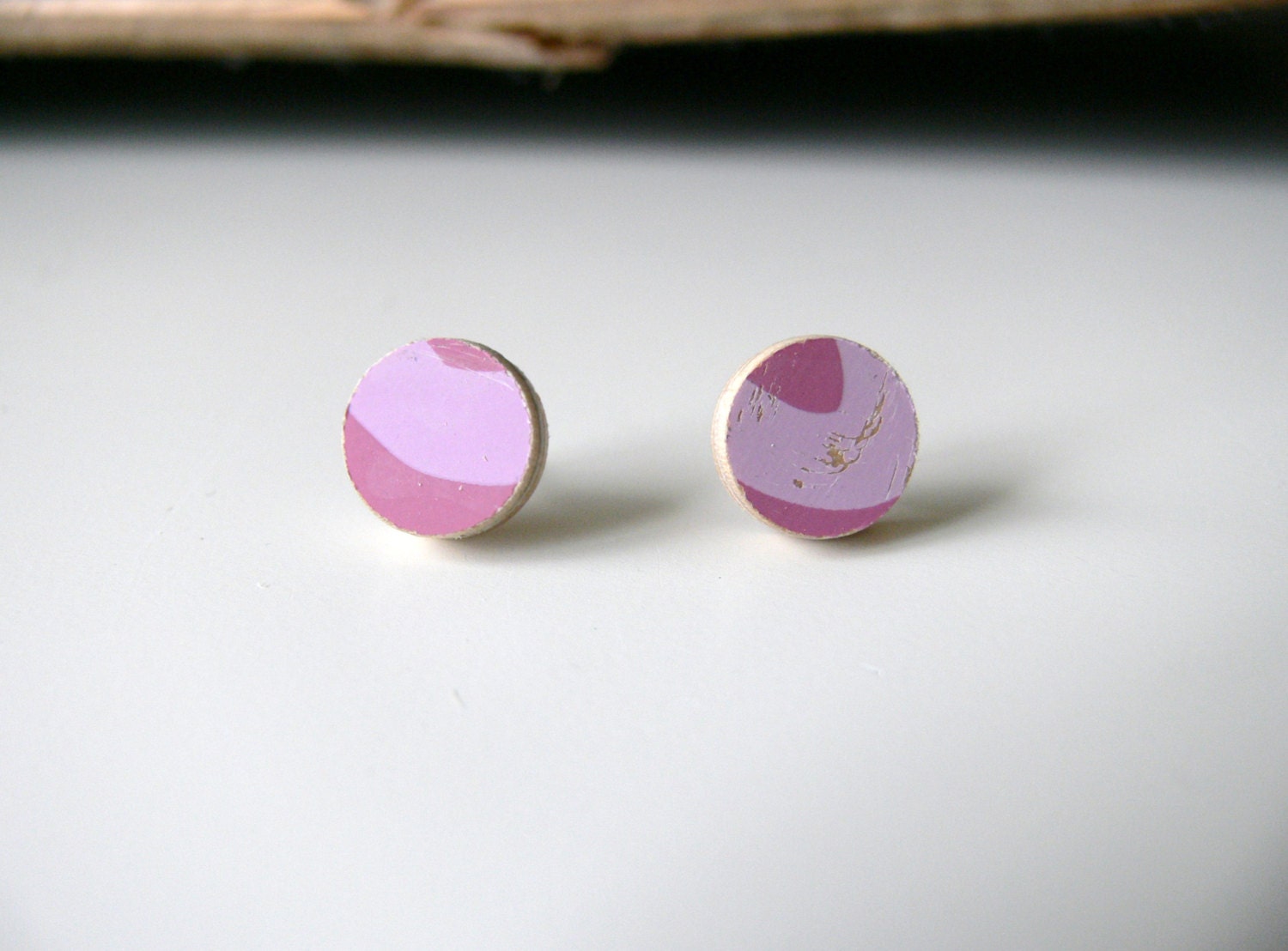 Pastel Pink on Pink Little Round Wood Stud Post Earrings made from Recycled Skateboard