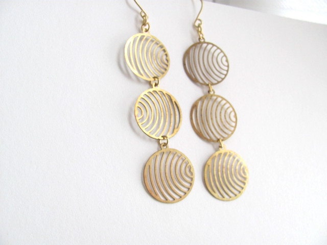 Geometric disc cutout dangle drop earrings on 14k gold plate fixtures, vintage brass circles