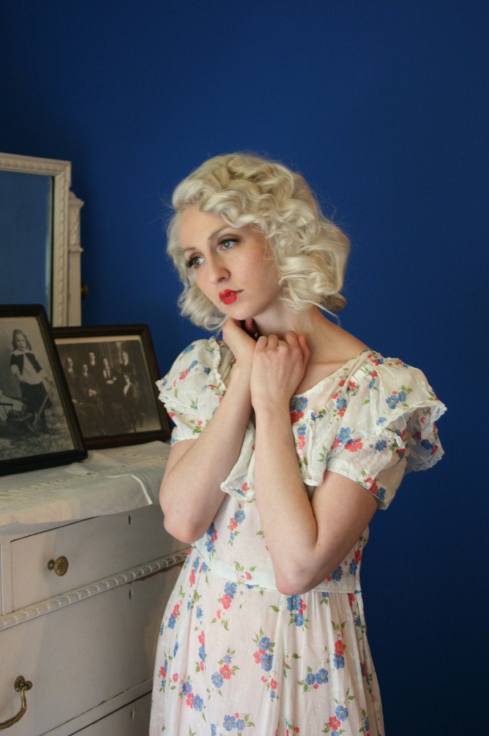 Vintage 1930s White & Coloured Floral Cotton Ruffle Gown