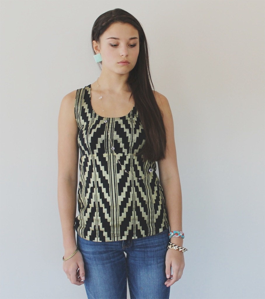 Hand Printed Organic Tank Top in Gold on Black 'Southwest' Print