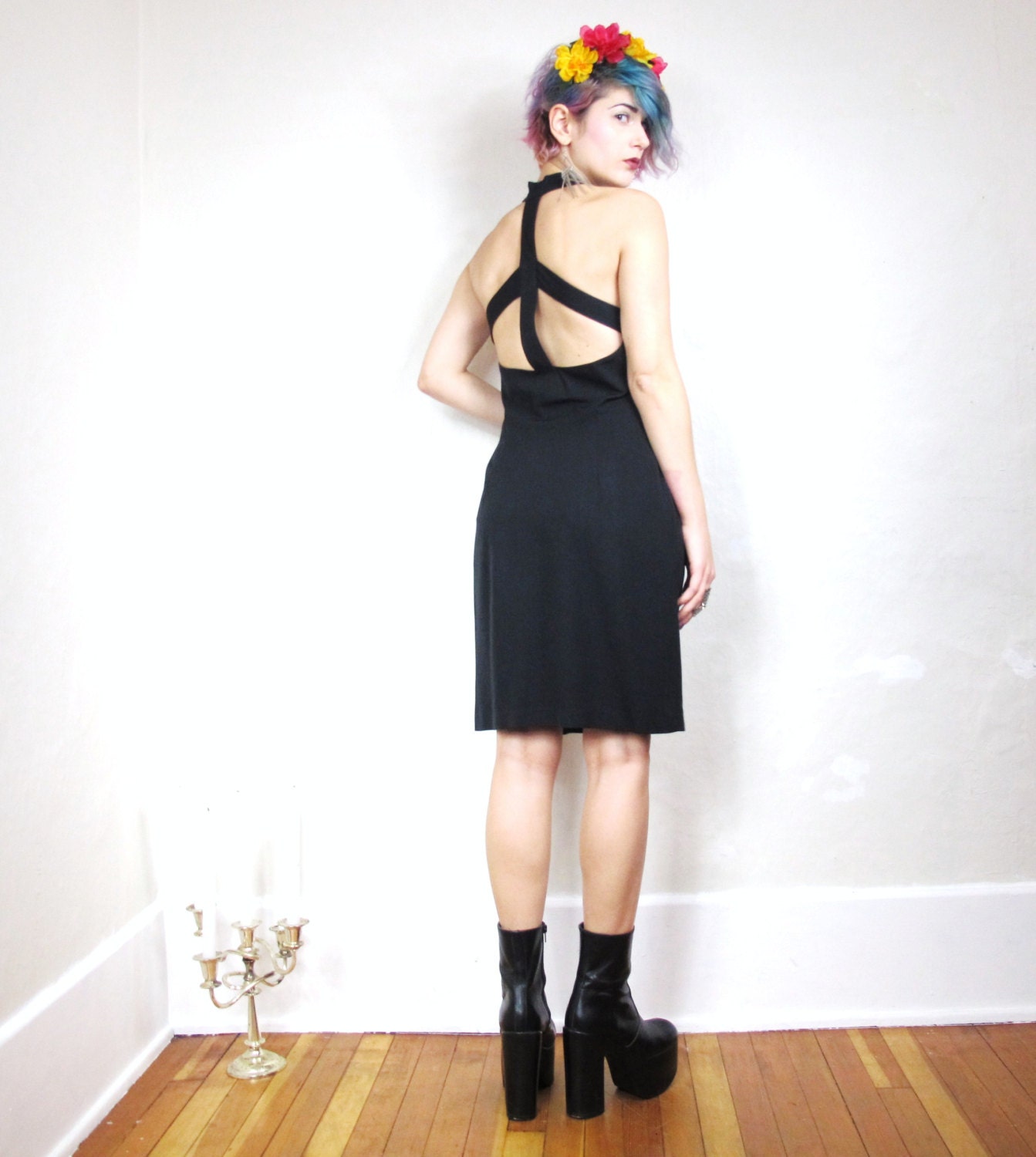 80s Black Button Front Cage Cut Out Sexy Back Dress (M/L)