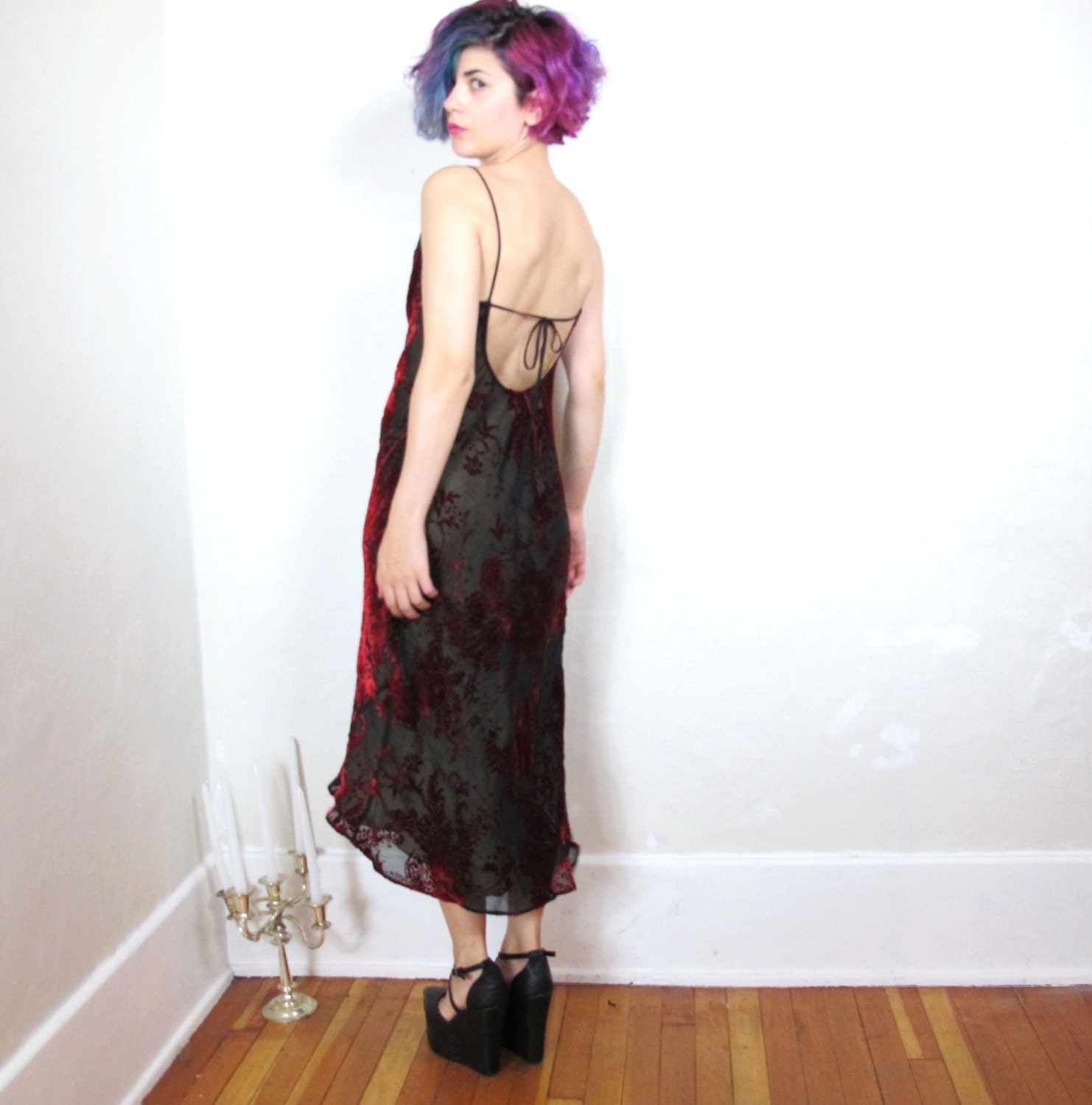 90s Crimson Velvet Silk Blend Low Back Evening Dress (XS/S/M)