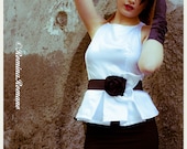 White Peplum Blouse , Fitted Bodice Silk, Made to Order.