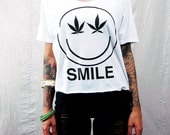 Marijuana Smiley T Shirt Crop Top Grunge Black on White Oversize Raw Edge Women's Loose Fit Small Medium
