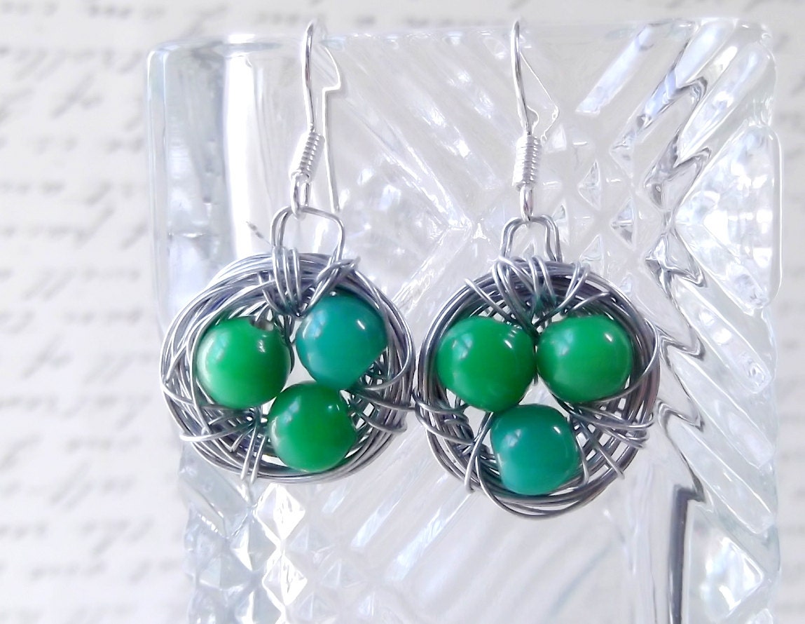 Birds Nest Earrings - Nature Jewelry - Wire Wrapped Earrings - Wire Wrapped Nest - Dangle Nest Earrings - Birds Egg Nest