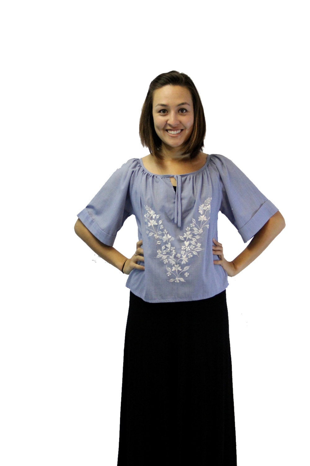 Vintage Top Cropped Ethnic 1970s Gathered Neckline