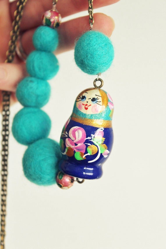 SALE Turquoise Wood and Wool Babushka Long Necklace