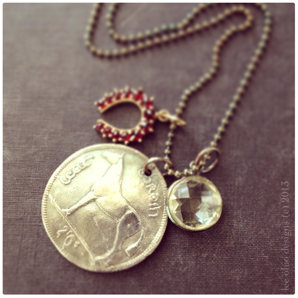 Horsehoe charm necklace, Equine fine silver Irish Horse coin, Vintage Bohemian red garnet horseshoe, Good luck, Linnaeus MADE TO ORDER
