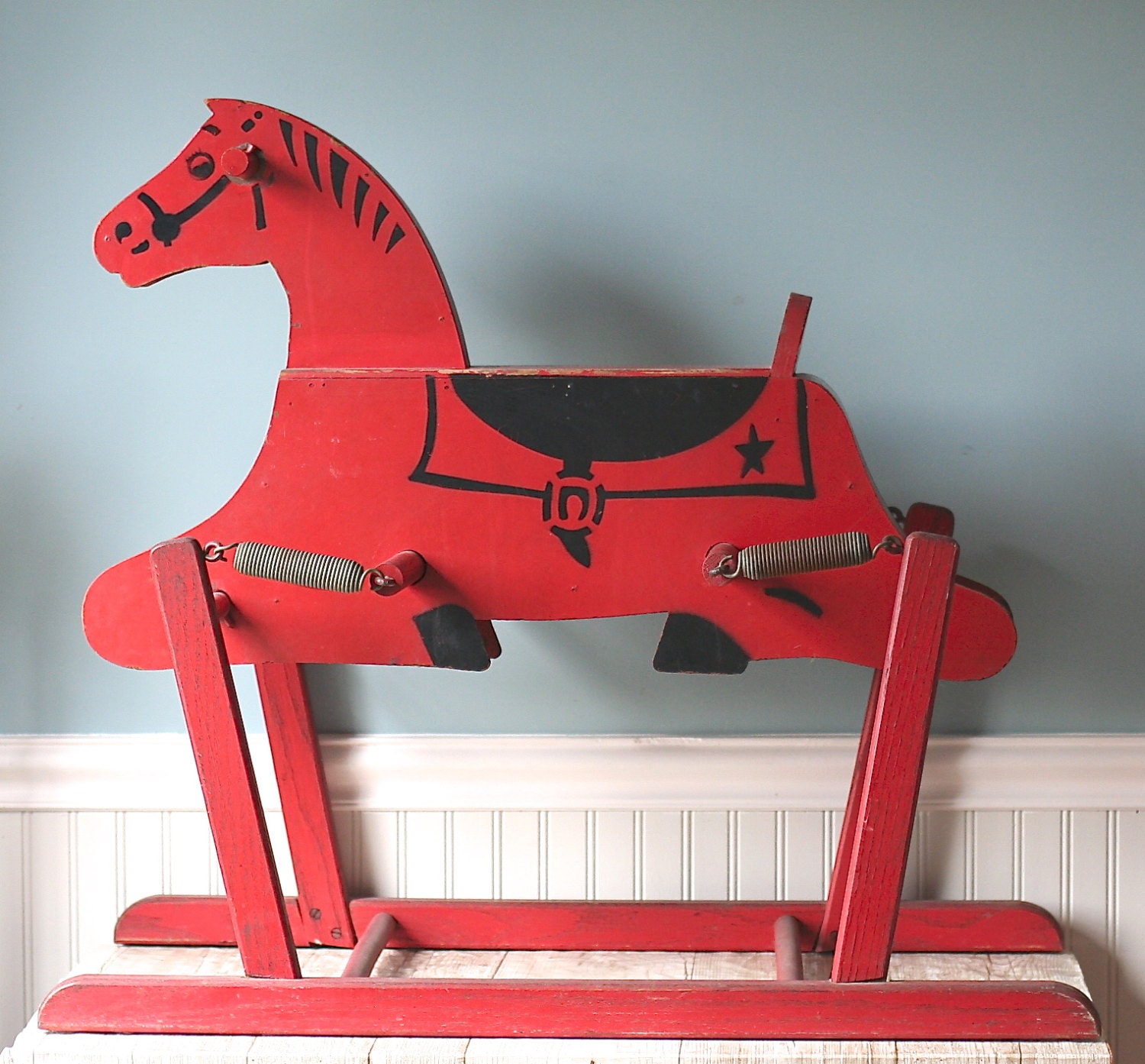 The Wonder Horse Vintage All Wooden Ride On Horse Red Black