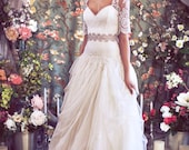 Drop Waist Ballgown with Artfully Draped Tulle, Organza, and French Lace, Short Sleeve Sweetheart Lace bustier, "Madeline-Hope" by Schone