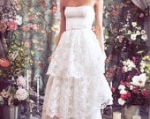 Tiered Lace Gown with Full Convertible Skirt, 2 Dresses in One, Strapless Textured Silk Bustier, the "Claire-Ruby" by Schone Bridal