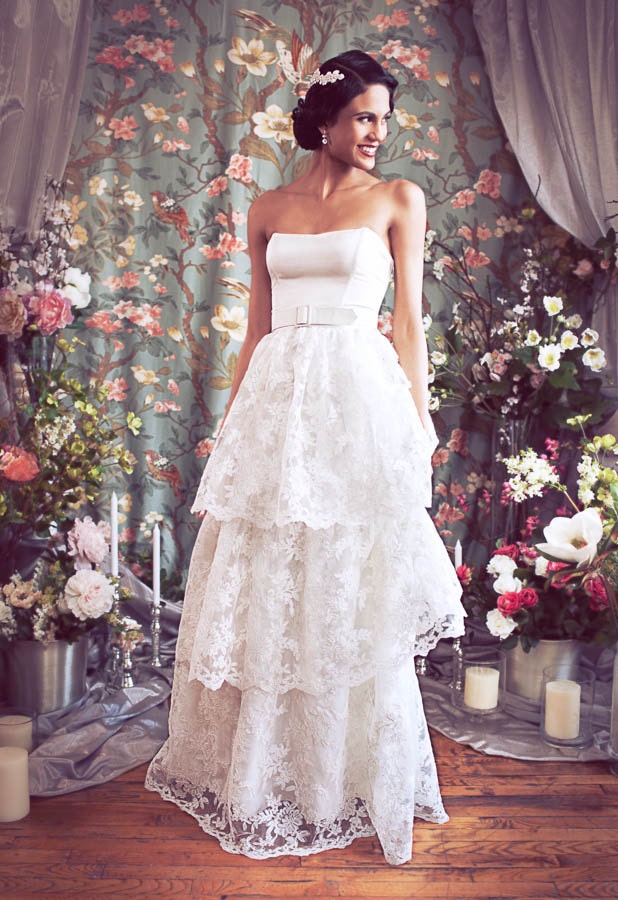 Tiered Lace Gown with Full Convertible Skirt, 2 Dresses in One, Strapless Textured Silk Bustier, the "Claire-Ruby" by Schone Bridal