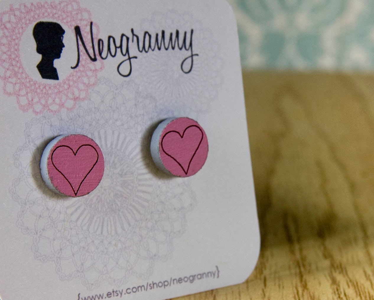 Heart Studs- Hand Painted Wood Earrings