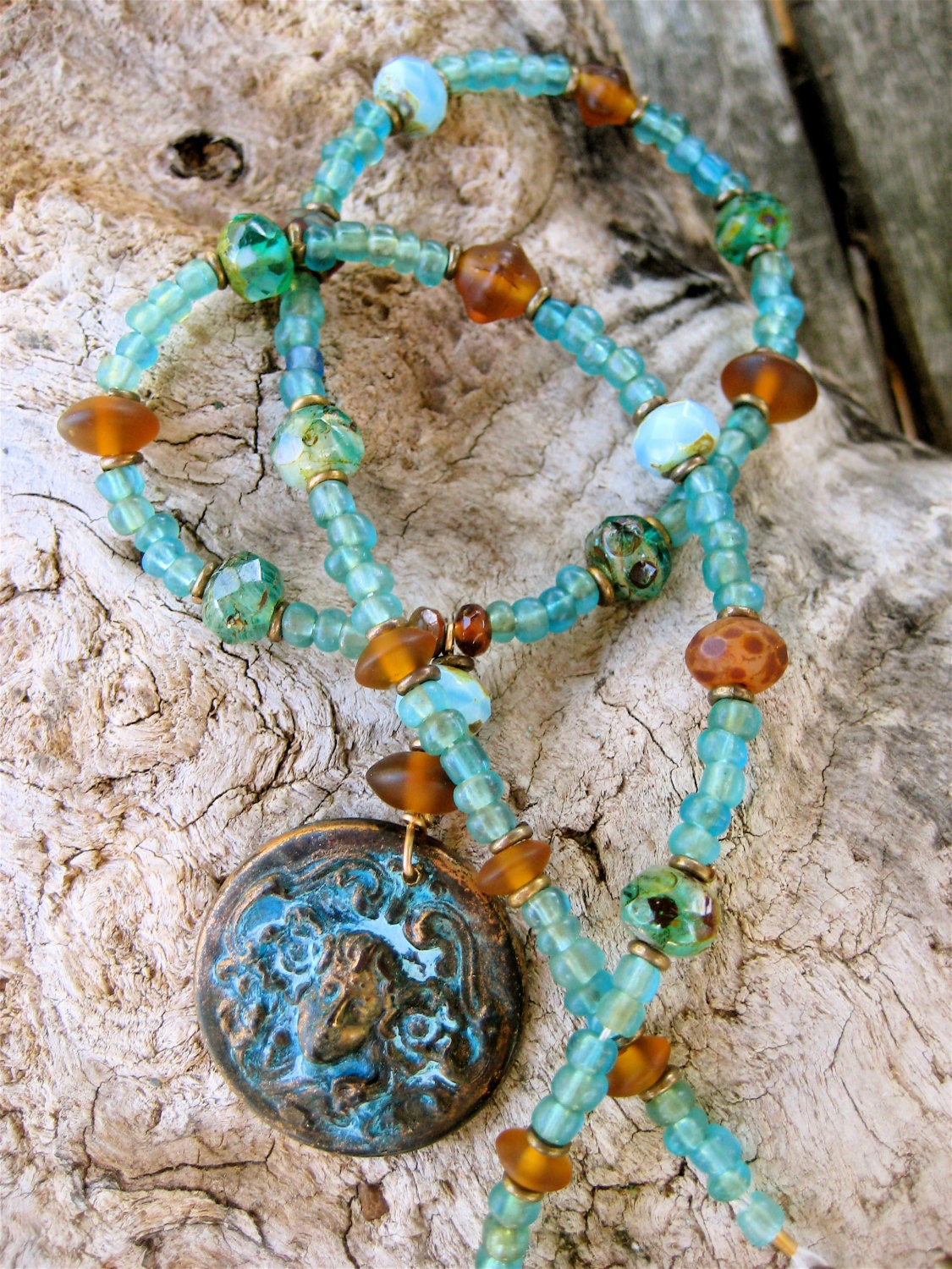 Vintage Brass Maiden Pendant Necklace Victorian Style with Aqua and Amber Czech Glass Romantic Jewelry