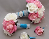 Real Touch Rose Rhinestones Wedding Flower Package Real Touch Roses Pink & White Bridal Bridesmaid Bouquet Groom Best Man Boutonniere