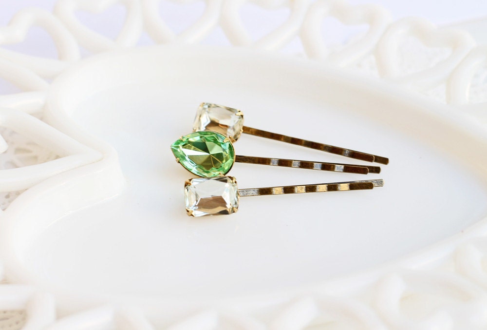 Peridot and Sparkles - Set of Three Vintage Stone Hairpins