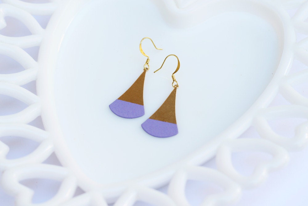 Lavender Color Dipped Flat Brass Dangle Earrings