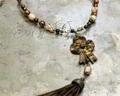 Bullion tassel necklace golden bow vintage assemblage rustic boho gold brass beige and tan beads