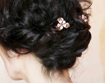 Flower hair pins copper white hair fork vintage parts handmade pins set of 2 medium hairpins