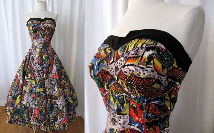Flirty 1950's Strapless Cotton Mexican Dress Novelty Print by Maya Design Hand Made Vintage VLV Rockabilly Pinup Girl Size- X-Small to Small
