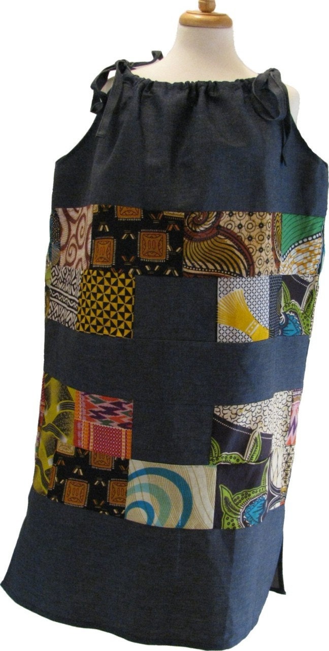 Handmade Patchwork Tunic Cotton and Jean Long Dress Fits Size XL to  2XL