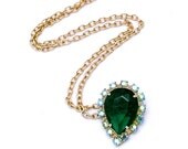 Vintage Necklace Pendant, Huge Green Rhinestone And AB Chatons