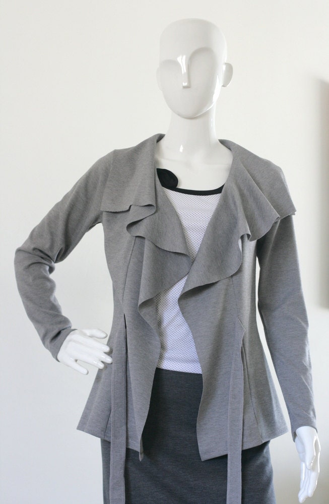 Ruffled grey jacket. Womens clothing. Spring jacket. Long sleeve jacket. Custom jacket.  Womens plus size clothing