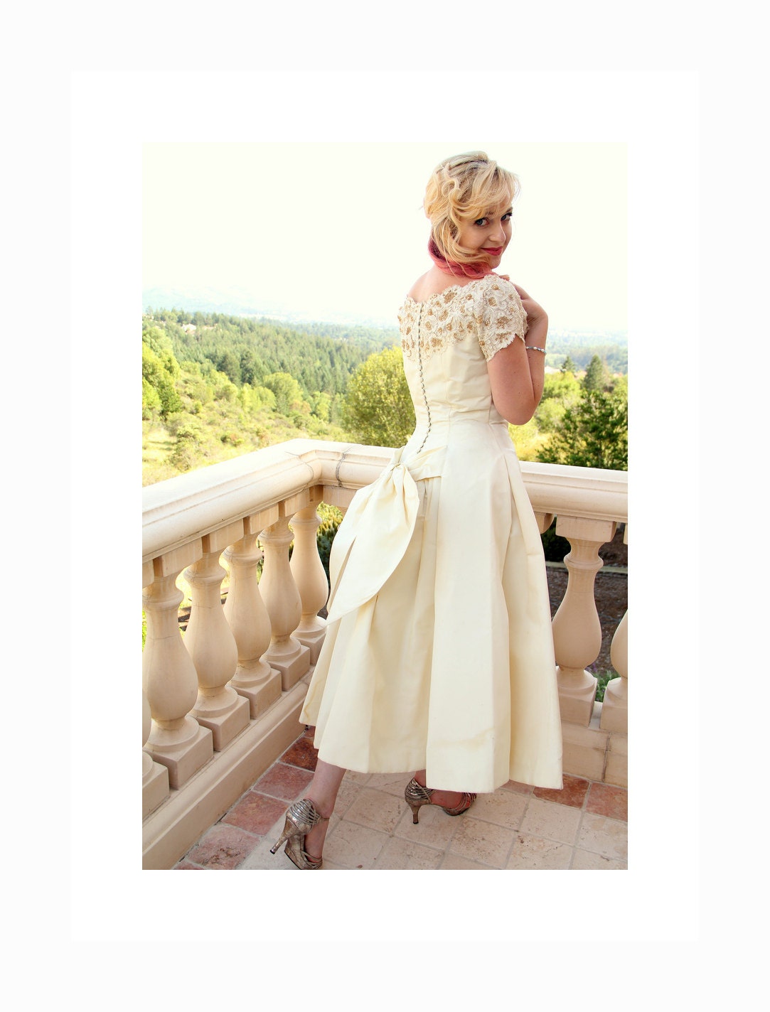 Vintage 50s Wedding Dress Fit and Flare Tea Length Satin Taffeta Beaded Neckline with Pearls Button and Bow Back M L