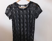 Black lace Tee shirt. Black floral stretch lace .SHEER Black LACE Womens Top
