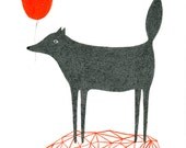 ORIGINAL DRAWING Dog with a Heart Balloon - I Love You