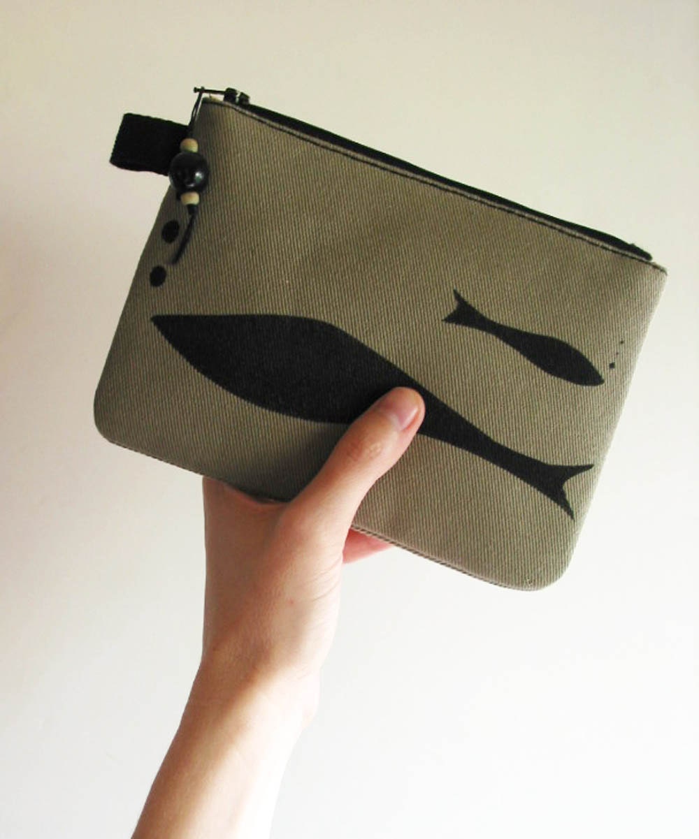 SECONDS SALE Fishes on Olive Canvas Changepurse Clutch Screenprint Reclaimed Fabric