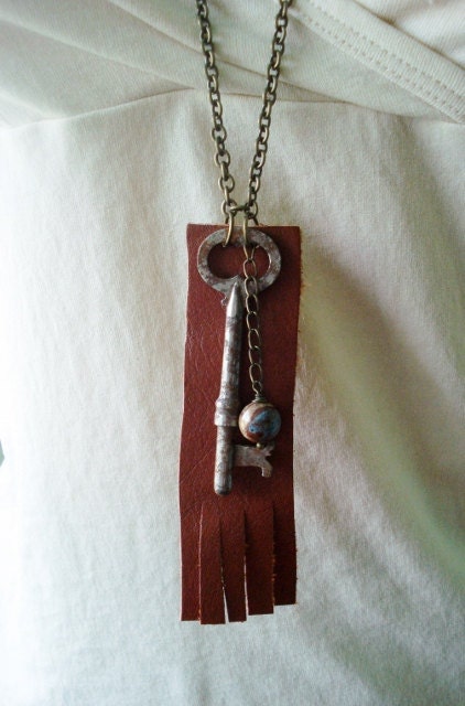 Rustic Bohemian Necklace, Skeleton Key Necklace, leather, Reverie Necklace, Boho, Bohemian Jewelry, Brown, Reverie03