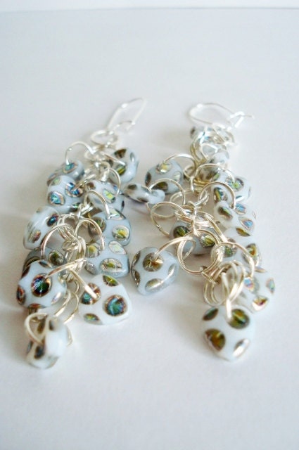 Dangle earrings, periwinkle, leaves, silver, czech glass, cute earrings, summer jewelry