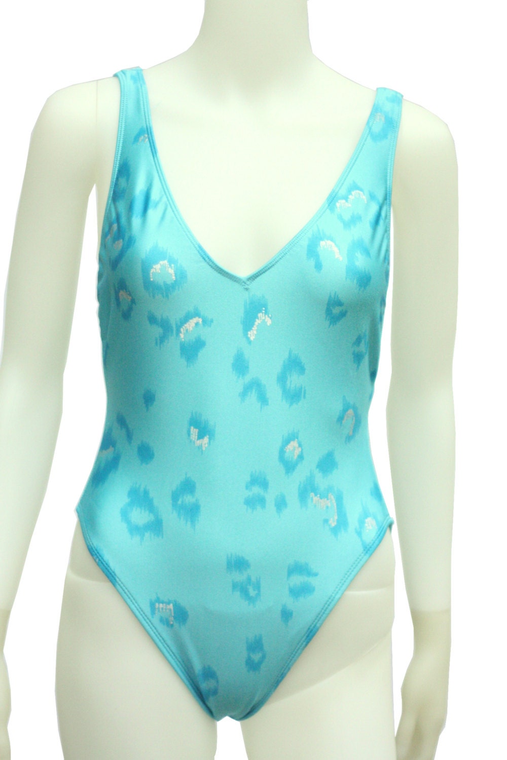 80s LA BLANCA Turquoise Leopard Print One Piece Deep V Sides - Size 12