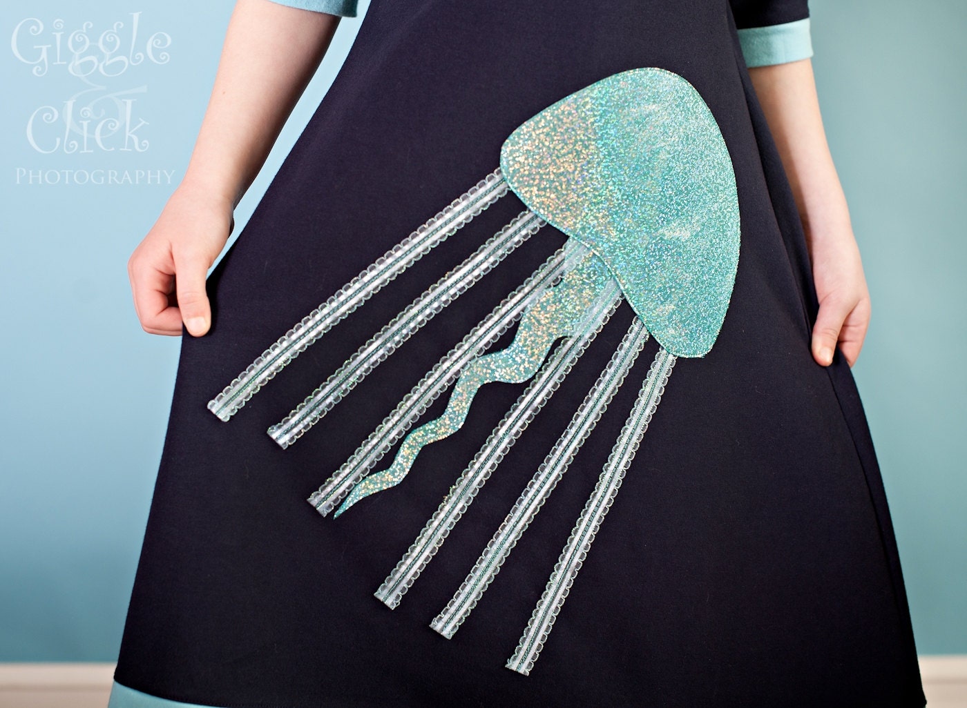 Jellyfish dress, navy blue and aqua, Sea Life, Ocean, childrens clothing, girls dress, Sizes 8, 10, 12, 14 (Smaller sizes also available)