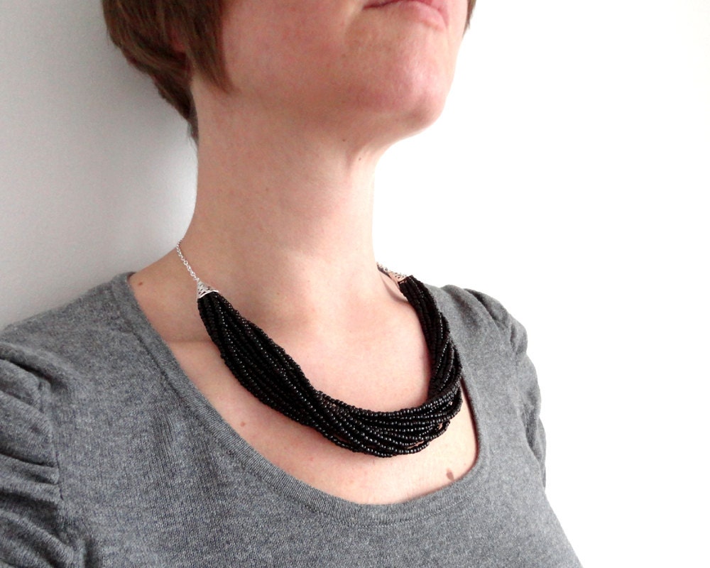 Black statement necklace chunky bib small seedbeads twisted ooak handmade