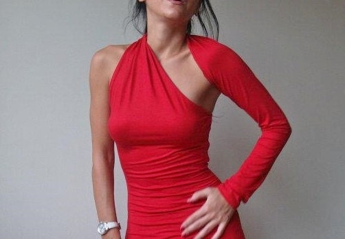 Unique Red Top One Shoulder Blouse - Free US Shipping -  Donation to UNICEF - Item MM-BLT13-1R4