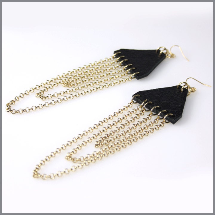 Jet Black Leather Tassel Earring - GOLD by triian by triian