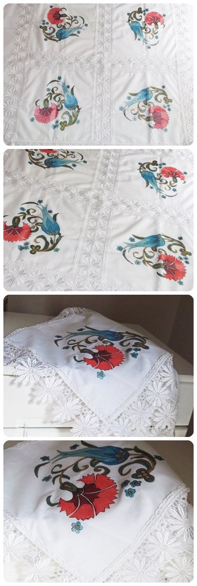 Romantic Tulip -Hand Paint Spring Decor TableCloth -35"x 35" Square Lacely Floral Painting-Farm House Cottage Springtime Beach Home