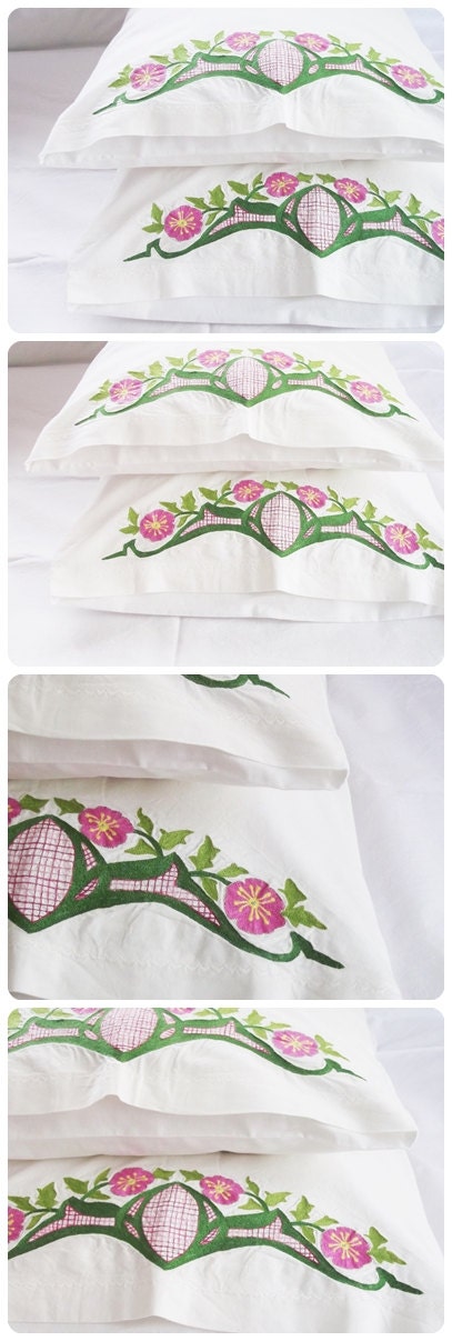 Monogrammed Embroidered Springtime Decorative Pillow Cases - Set Of 2 - Green and Pink Lover