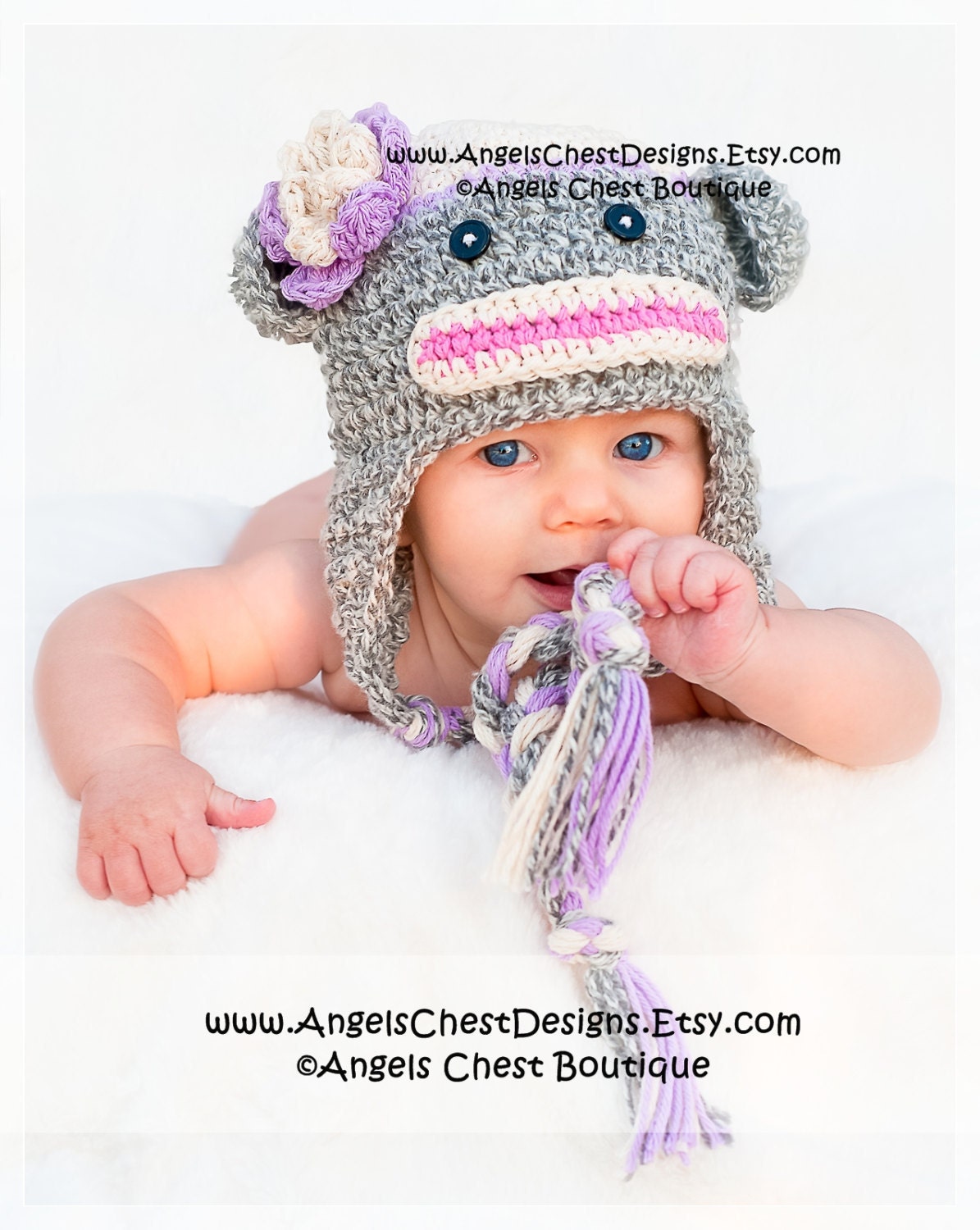 PDF Pattern Monkey Sock hat with detachable flowers, pom pom and braids Boy and Girl Sizes Preemie TO 4 Years No. 10