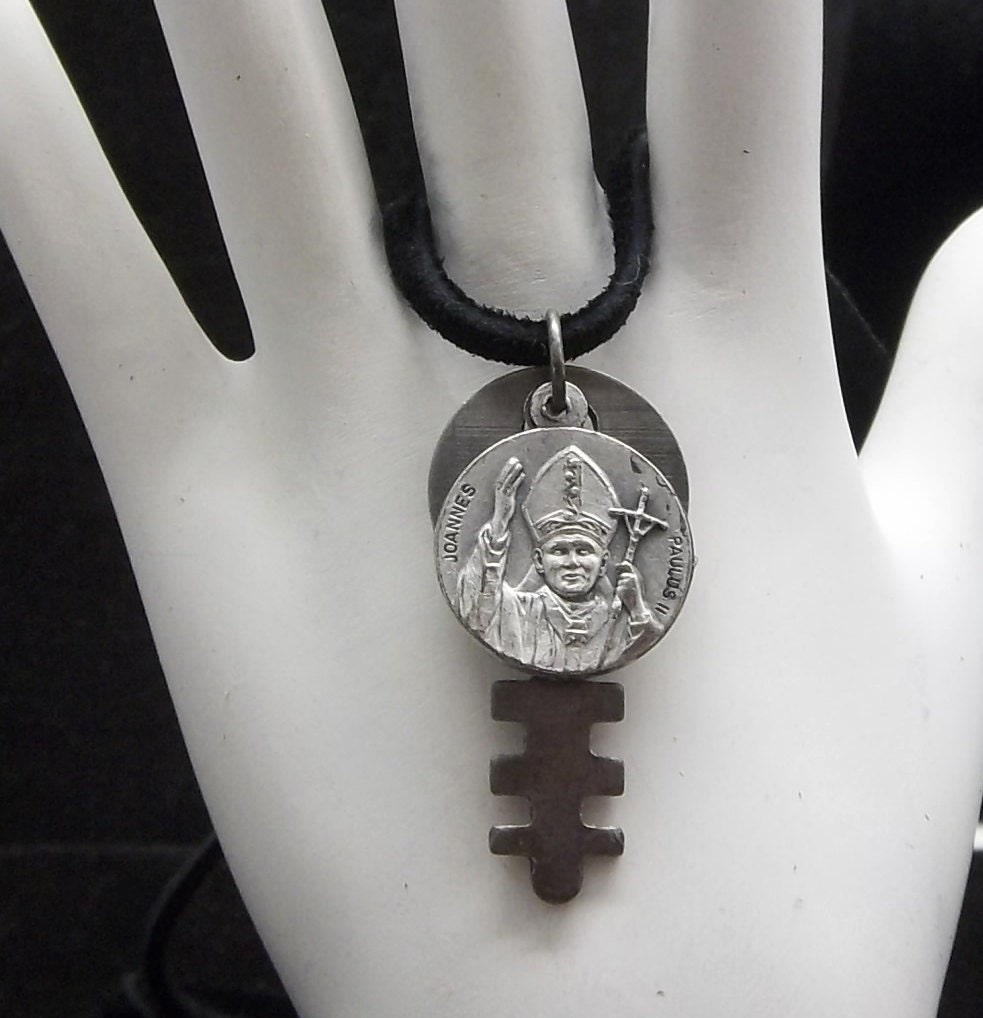 Religious Medal Vintage Key Necklace Repurposed Pope John Paul Handmade