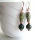 Russian Serpentine Earrings, Moss Agate, Gemstone Jewelry, Green, Olive, Zucchini, Copper, Forest, Pine