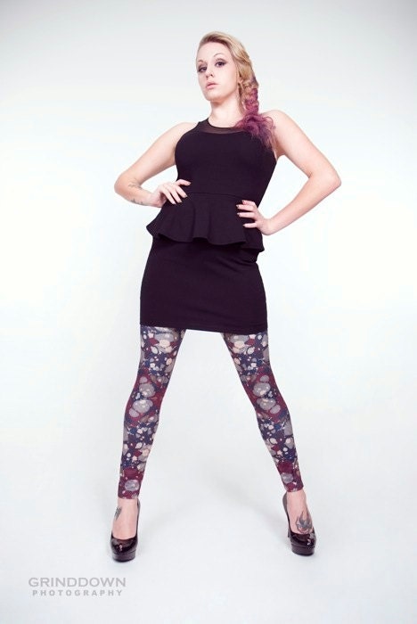 SALE - Marbled Ink Leggings - Hand Printed Vintage Book Endpaper Design - Printed Tights - Maroon