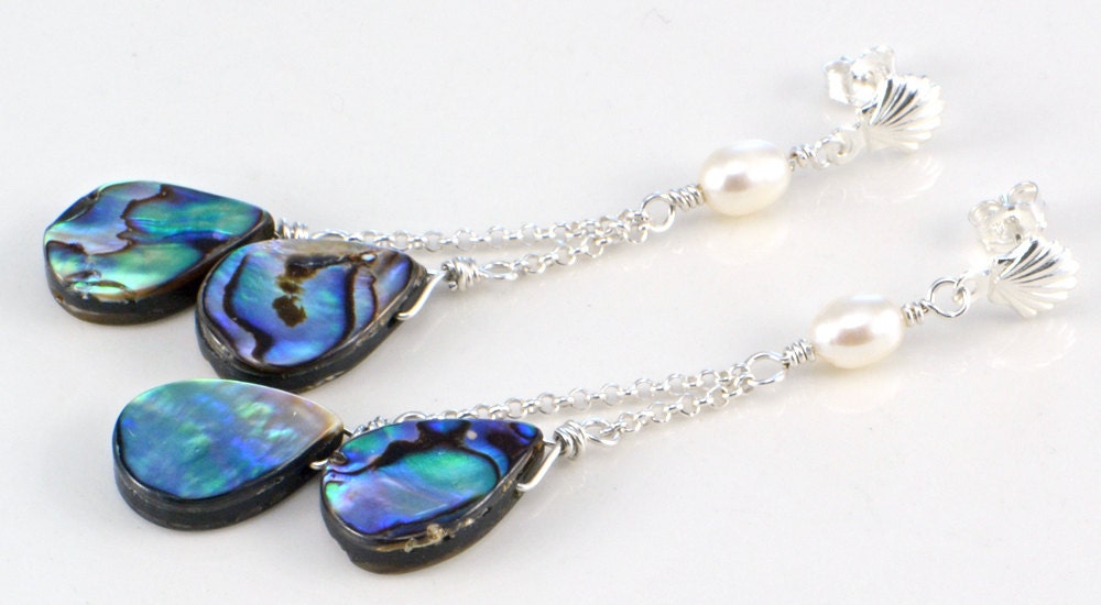 Abalone Paua Earrings with Freshwater Pearls and Sterling Silver