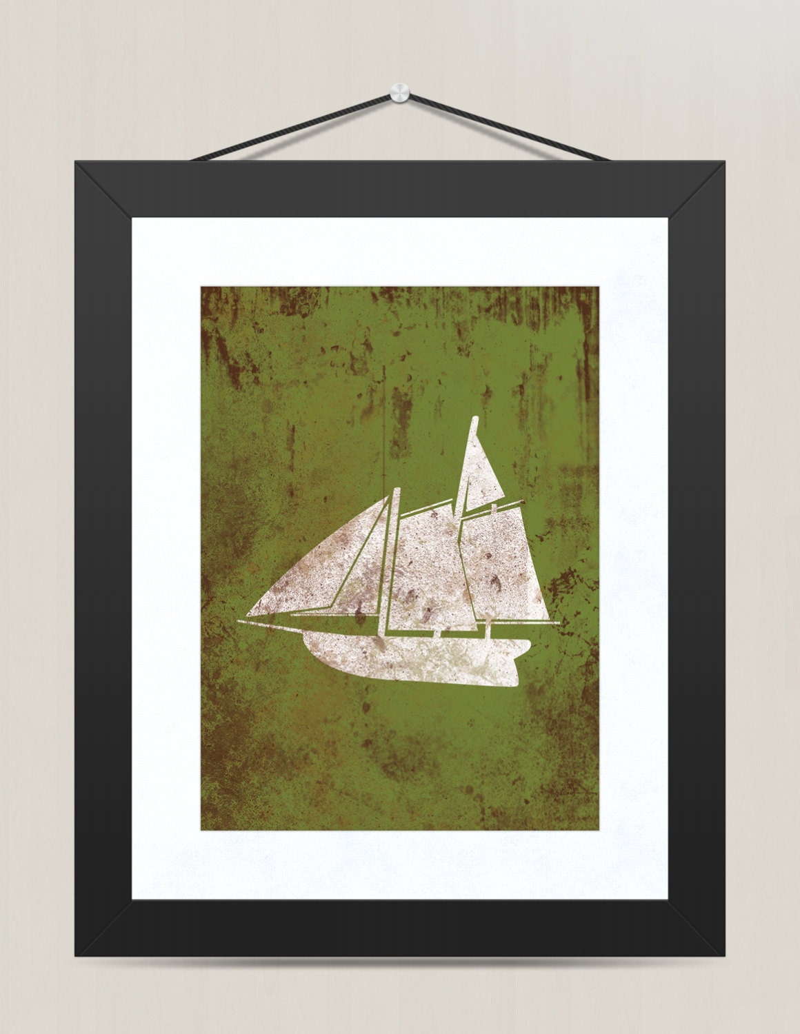 SALE Vintage Nautical Ship - Distressed Print - Children Nursery Playroom Artwork, 8 x 10, GREEN