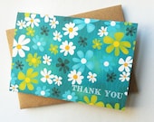 Set of 4 - Colorful Flowers - Floral Thank You Note Cards - Green Blue and White Flowers