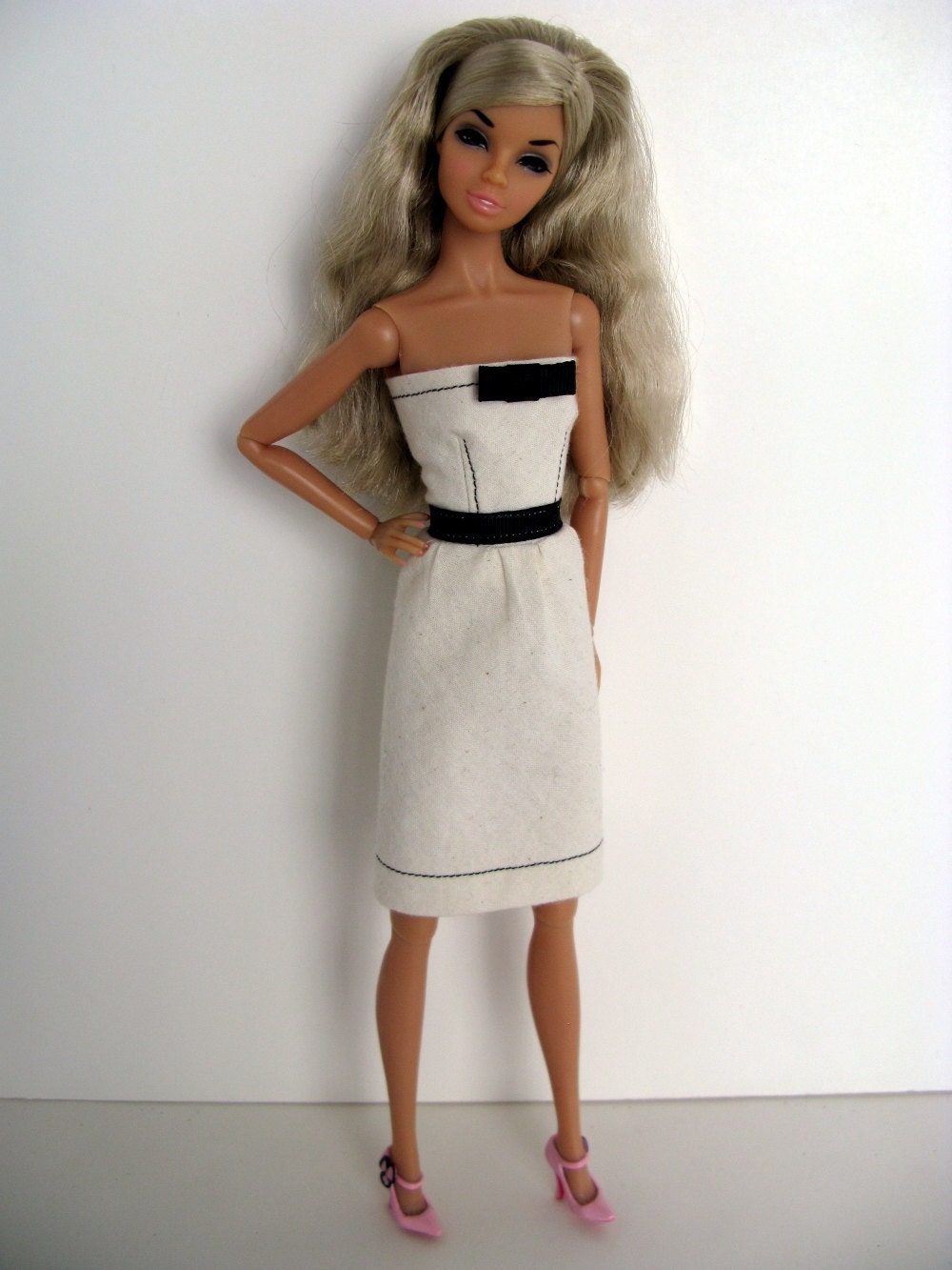 OOAK Strapless ivory cotton muslin dress with black accents for 12" fashion dolls
